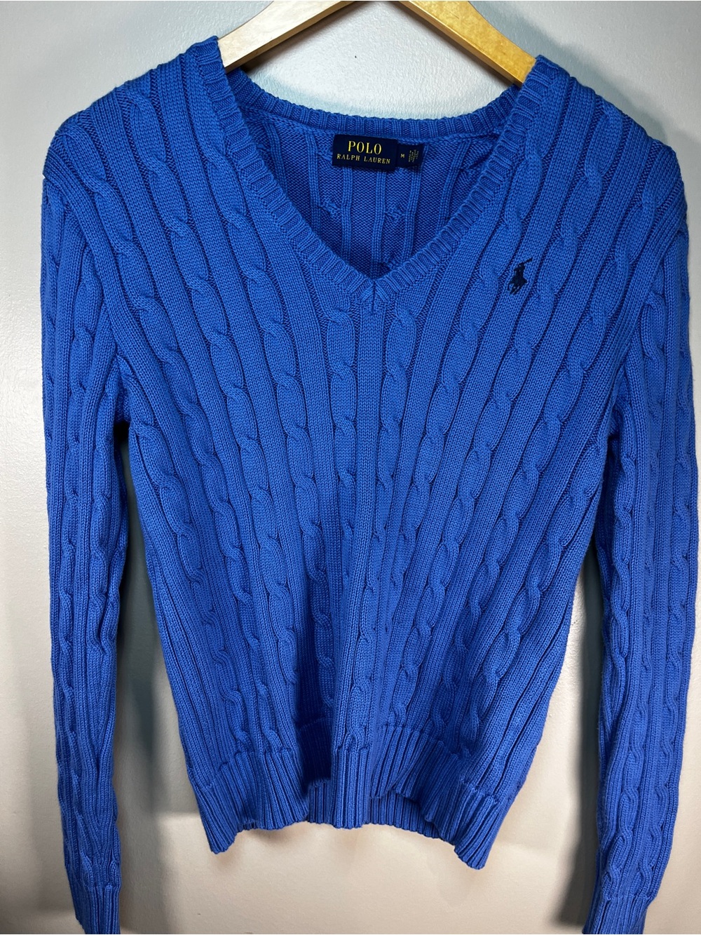 Polo Ralph Lauren Women's V-Neck Cable Knit 100% Cotton Sweater in Blue